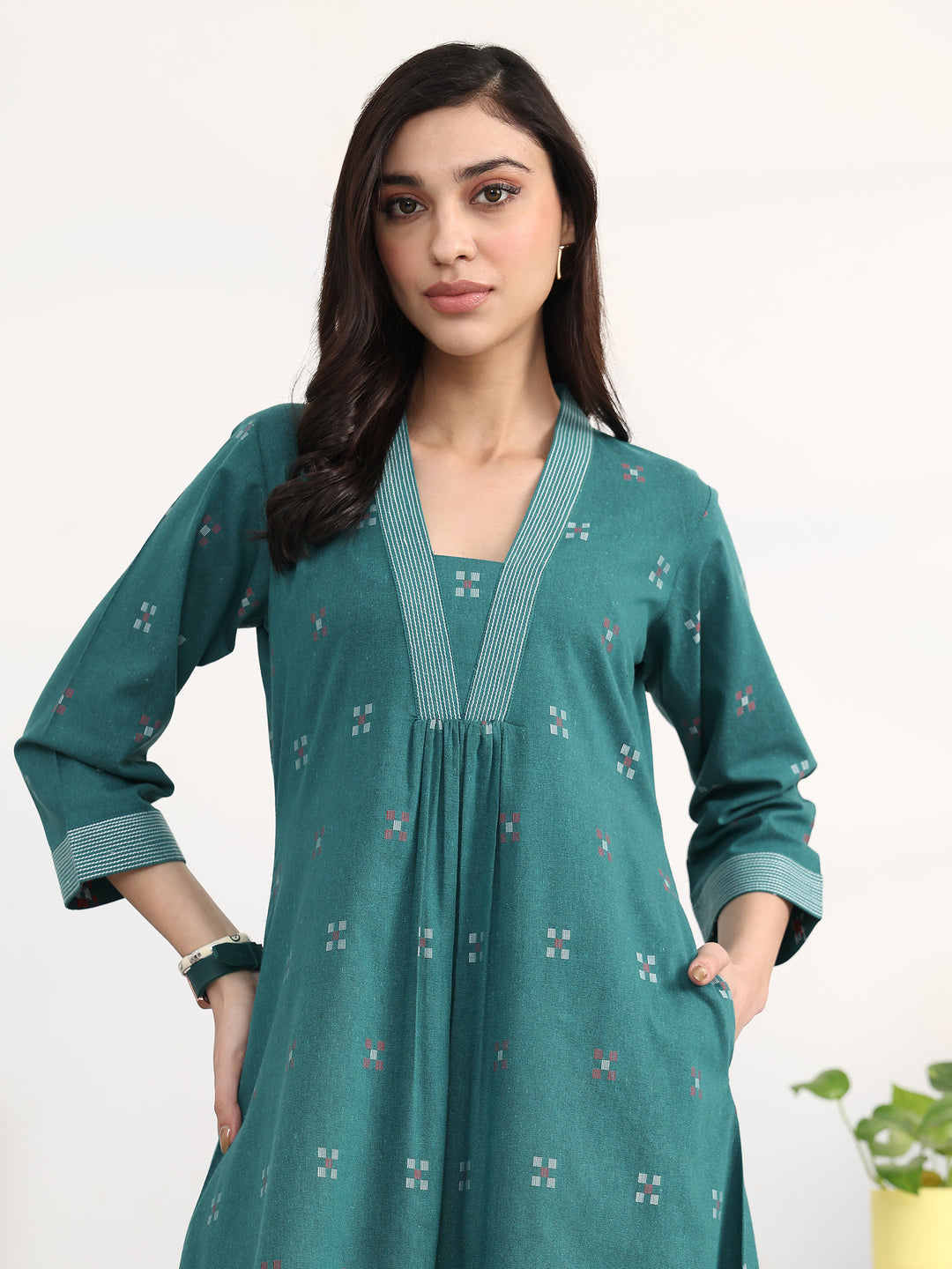 Crisp Teal Woven Design Cotton Blend A-Line Kurta Set
