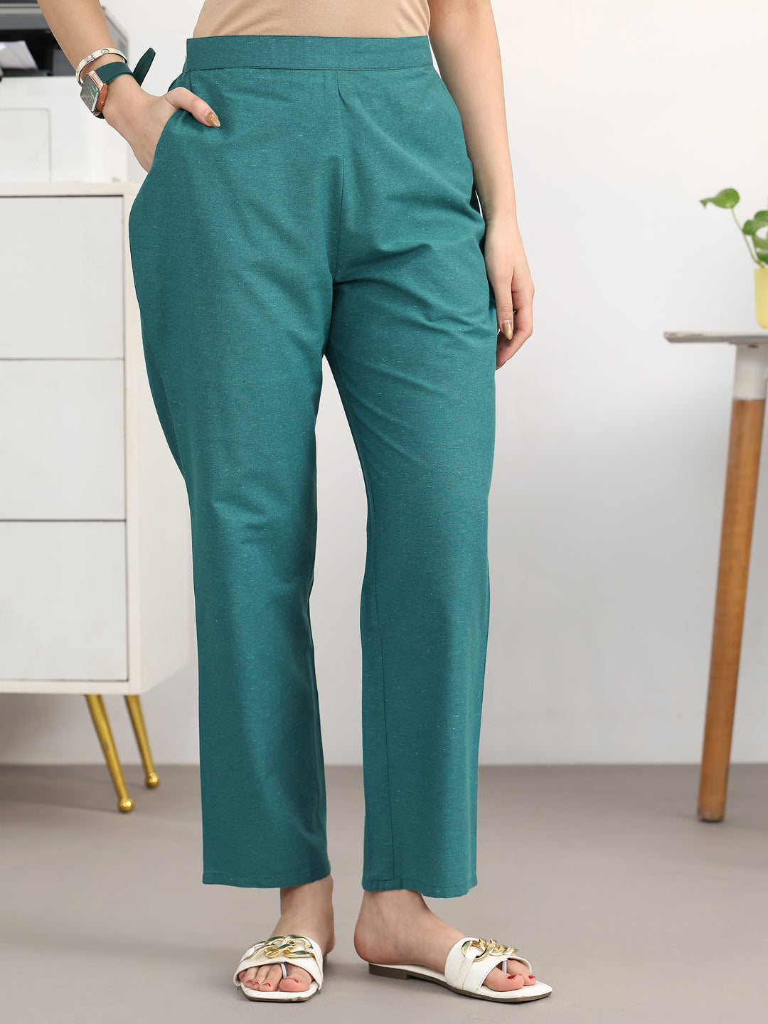 Crisp Teal Woven Design Cotton Blend A-Line Kurta Set