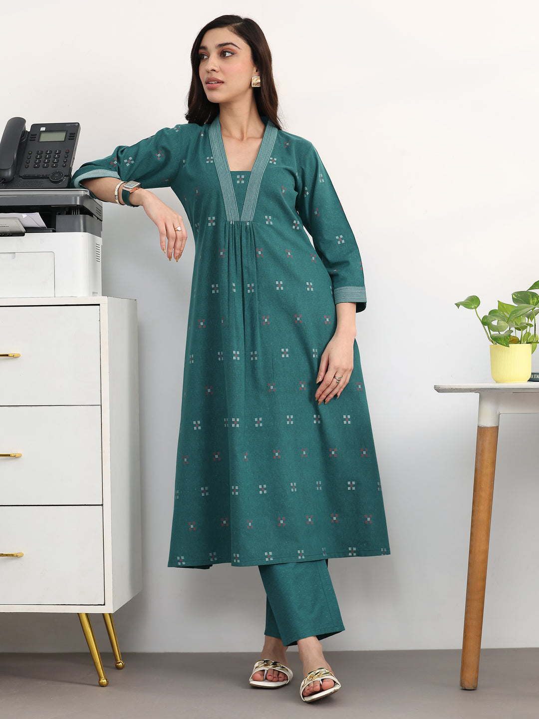 Crisp Teal Woven Design Cotton Blend A-Line Kurta Set
