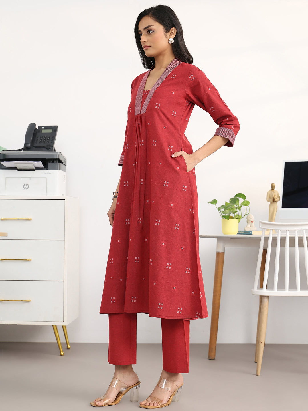 Red Ethnic Motifs Woven Design Cotton Blend A-Line Kurta Set