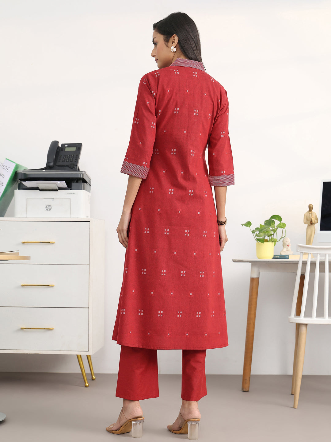 Red Ethnic Motifs Woven Design Cotton Blend A-Line Kurta Set