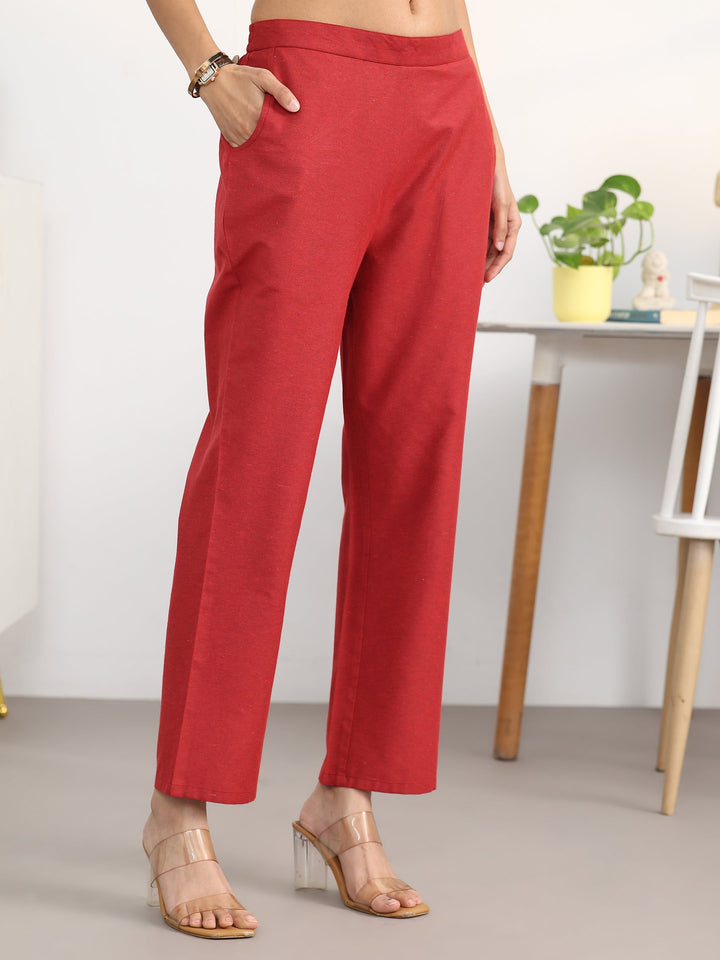 Red Ethnic Motifs Woven Design Cotton Blend A-Line Kurta Set