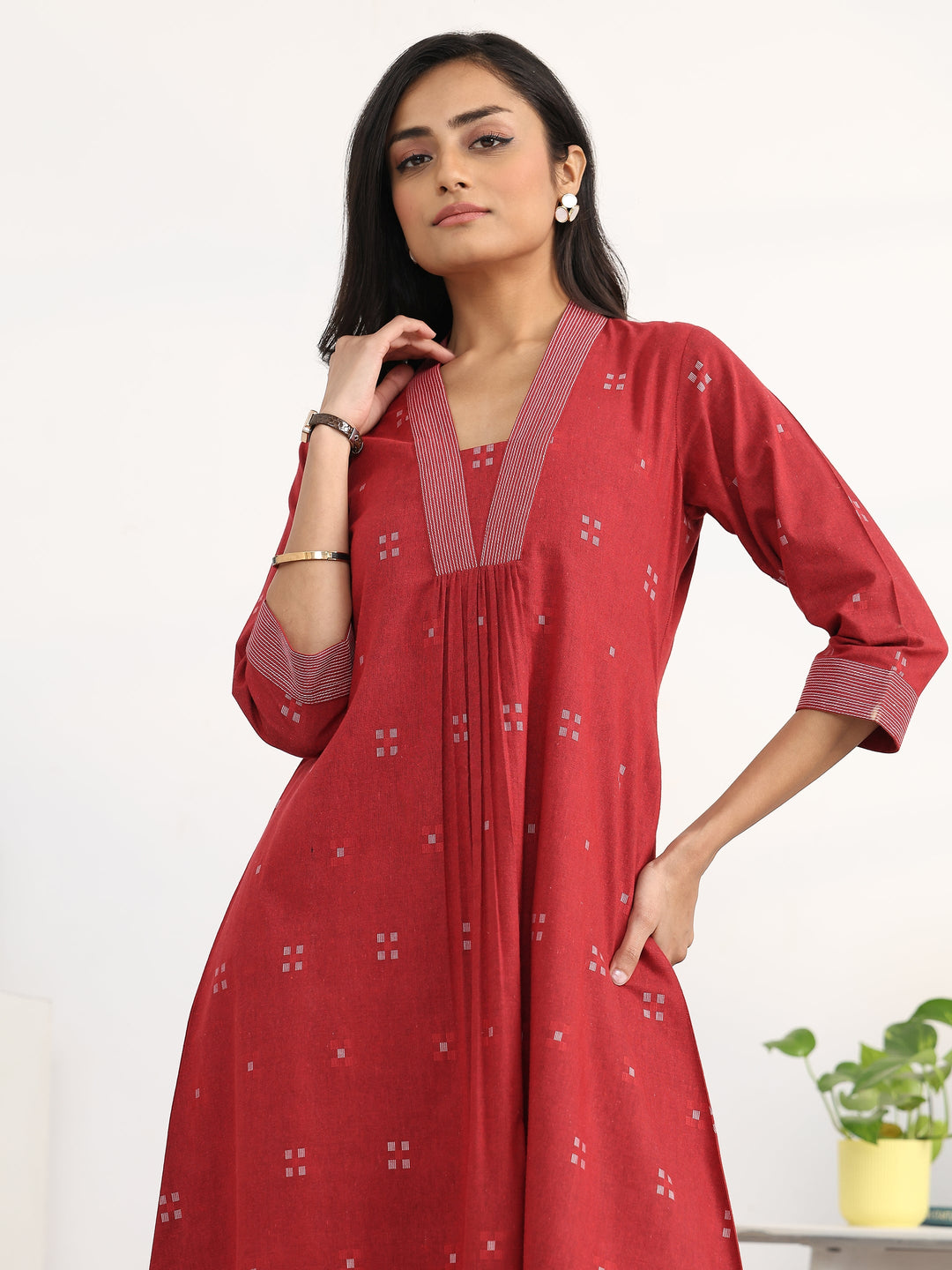 Red Ethnic Motifs Woven Design Cotton Blend A-Line Kurta Set