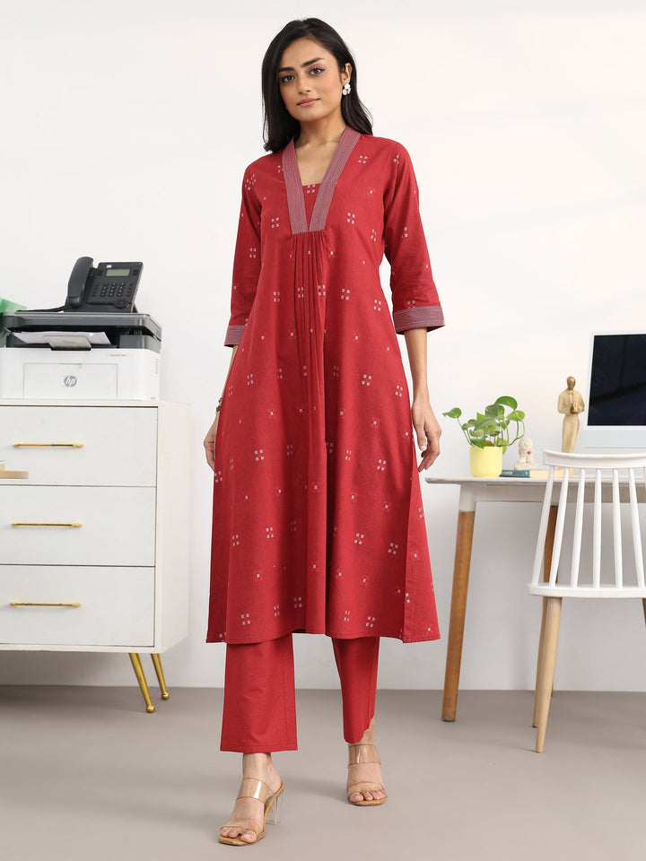 Red Ethnic Motifs Woven Design Cotton Blend A-Line Kurta Set