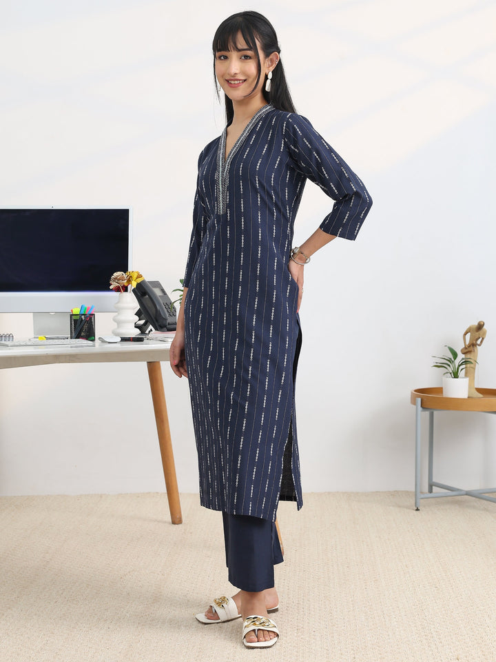 Navy blue Woven Design Cotton Blend Straight Suit Set With Dupatta