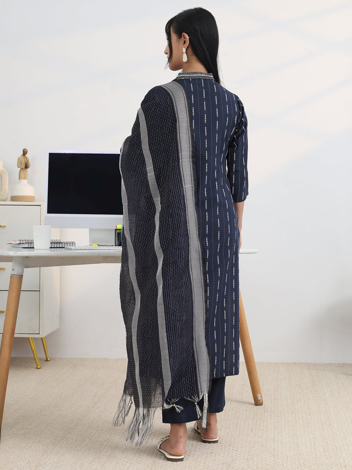 Navy blue Woven Design Cotton Blend Straight Suit Set With Dupatta