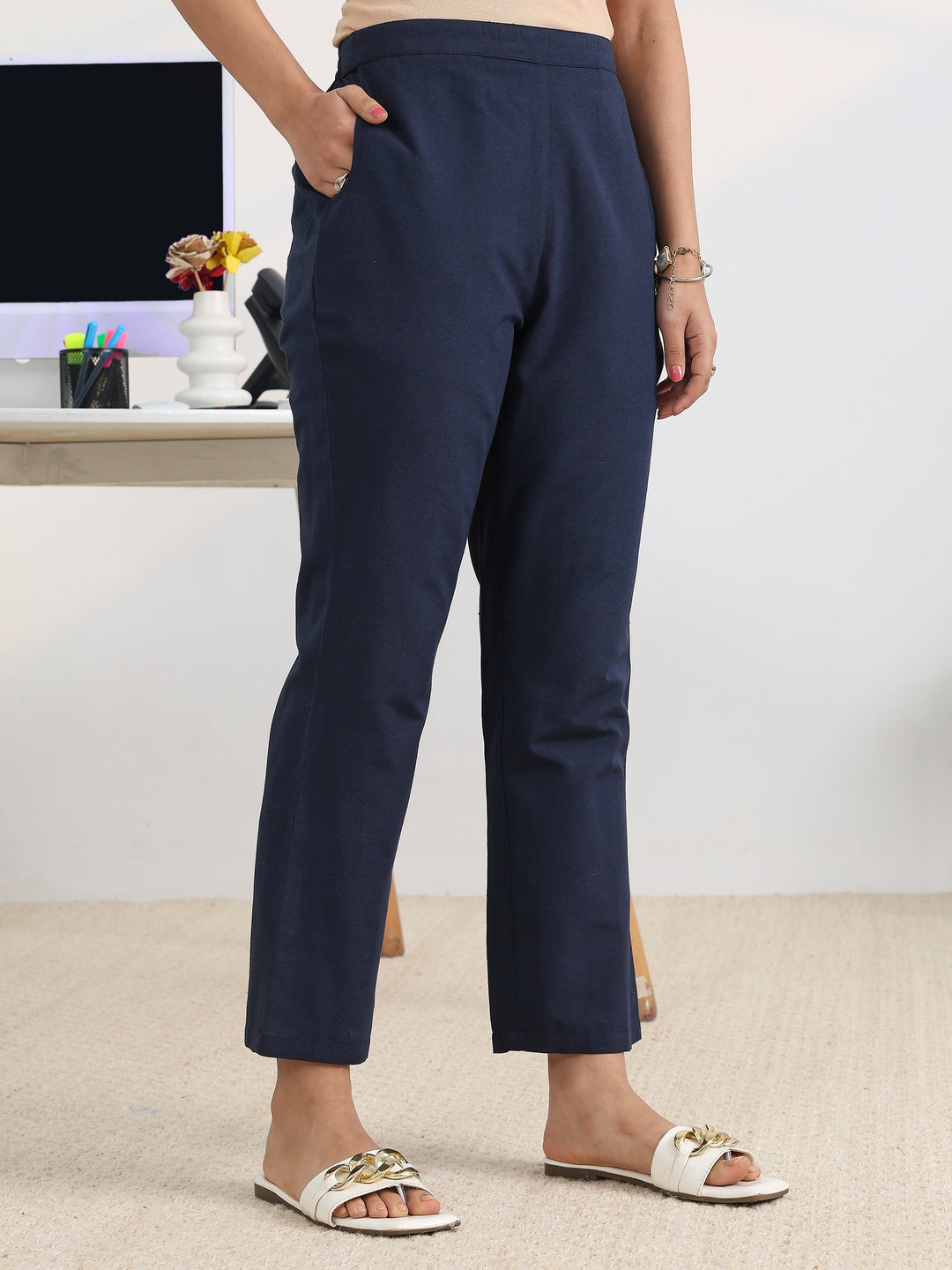 Navy blue Woven Design Cotton Blend Straight Suit Set With Dupatta