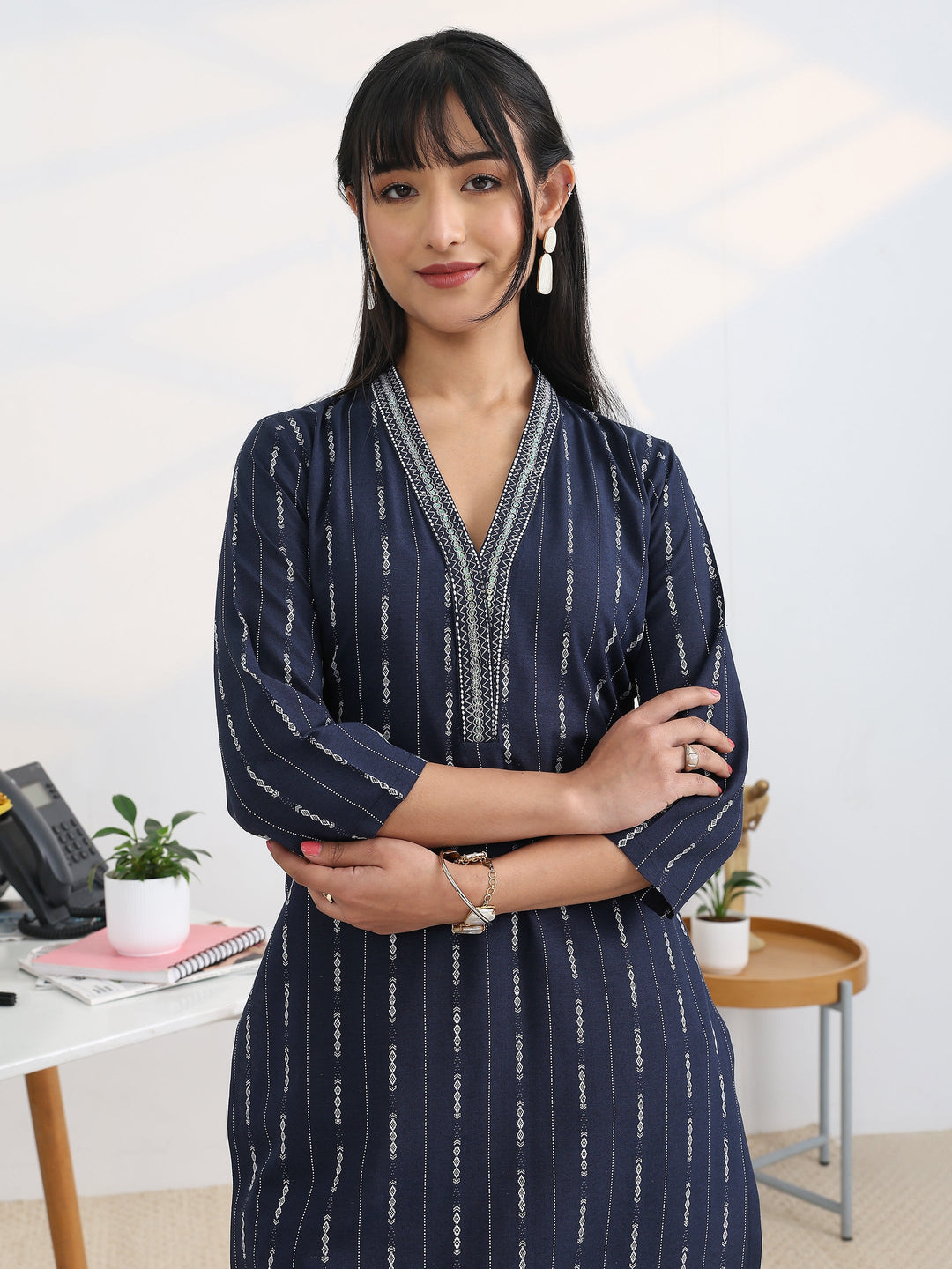 Navy blue Woven Design Cotton Blend Straight Suit Set With Dupatta