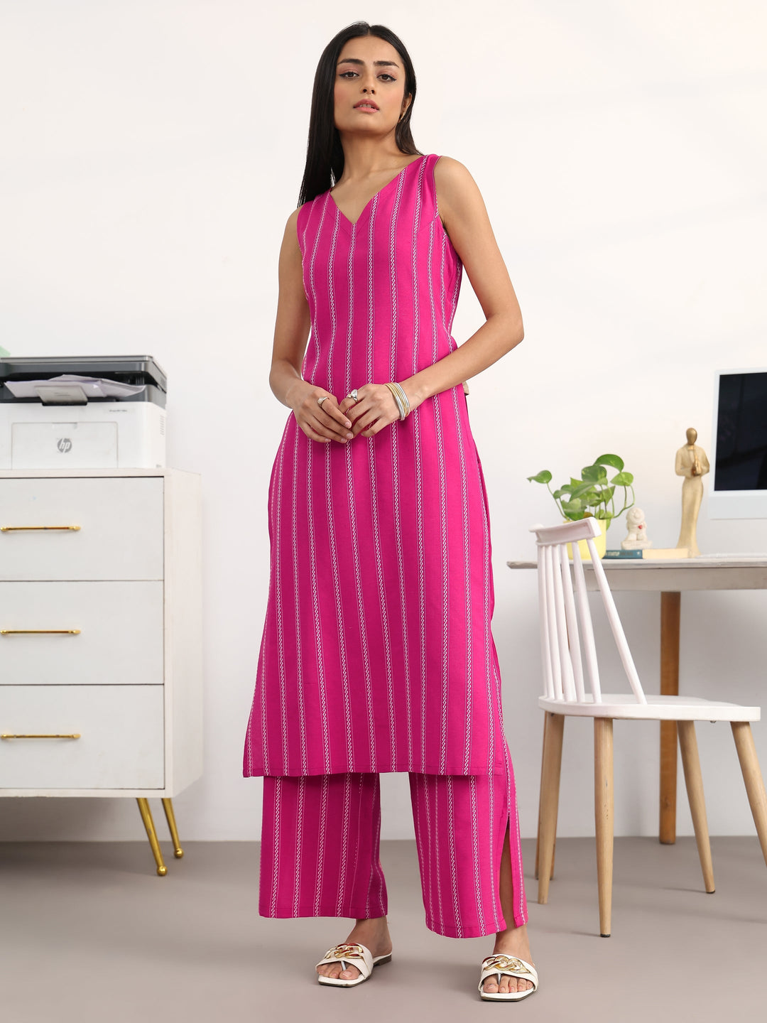 Siren Stripe Pink Cotton Blend Kurta Set