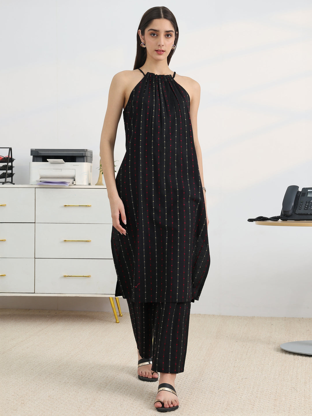 Black Woven Design Cotton Blend Straight Kurta Set