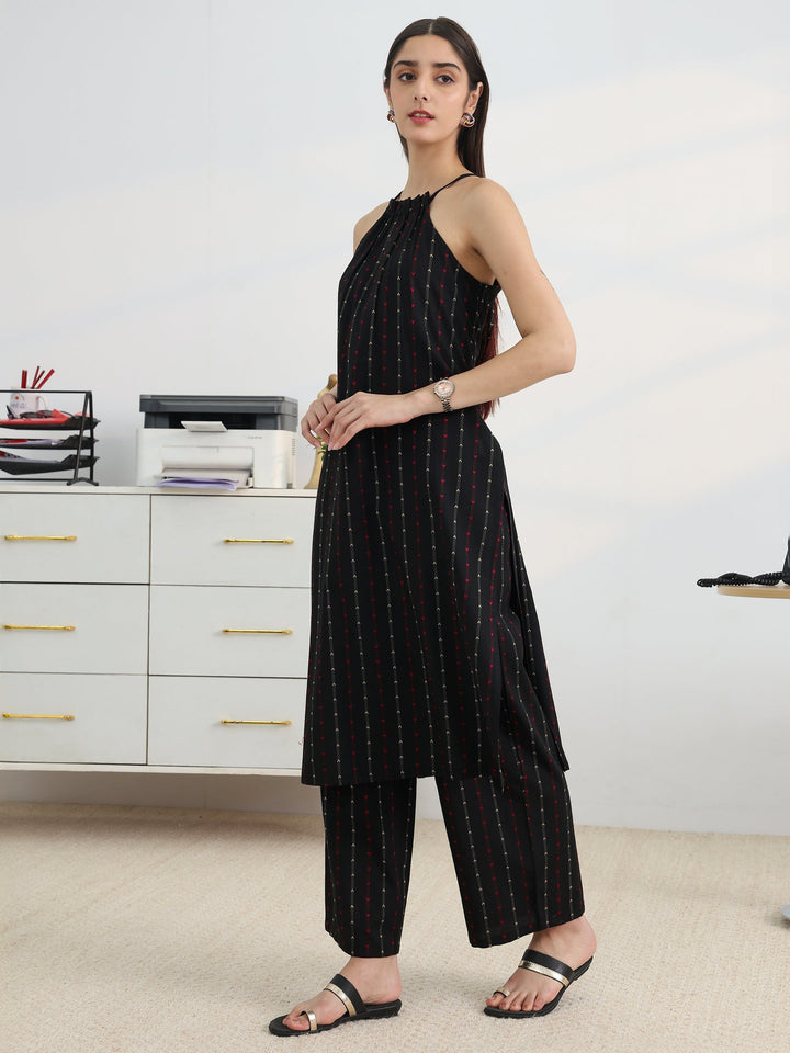 Black Woven Design Cotton Blend Straight Kurta Set