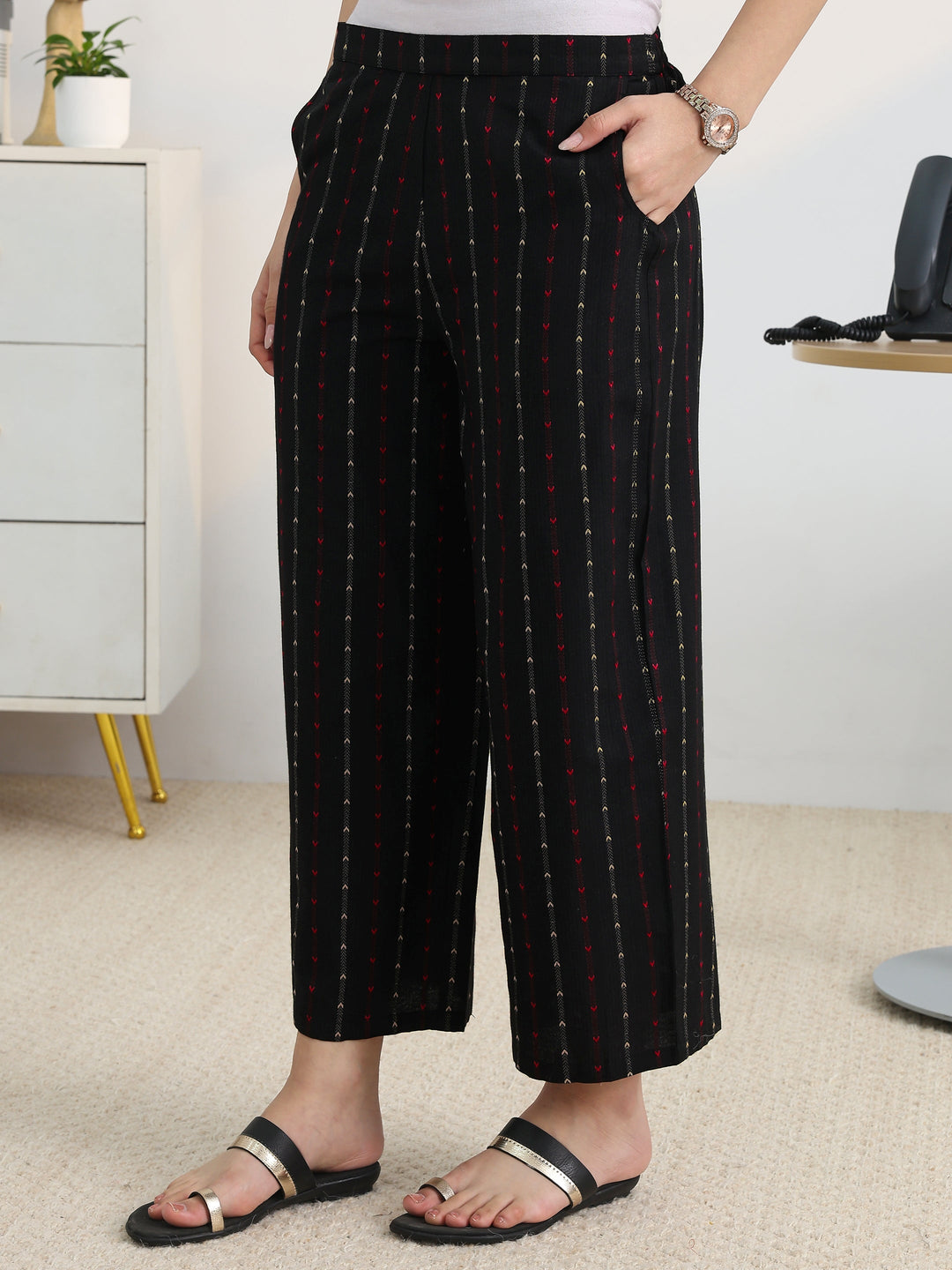 Black Woven Design Cotton Blend Straight Kurta Set