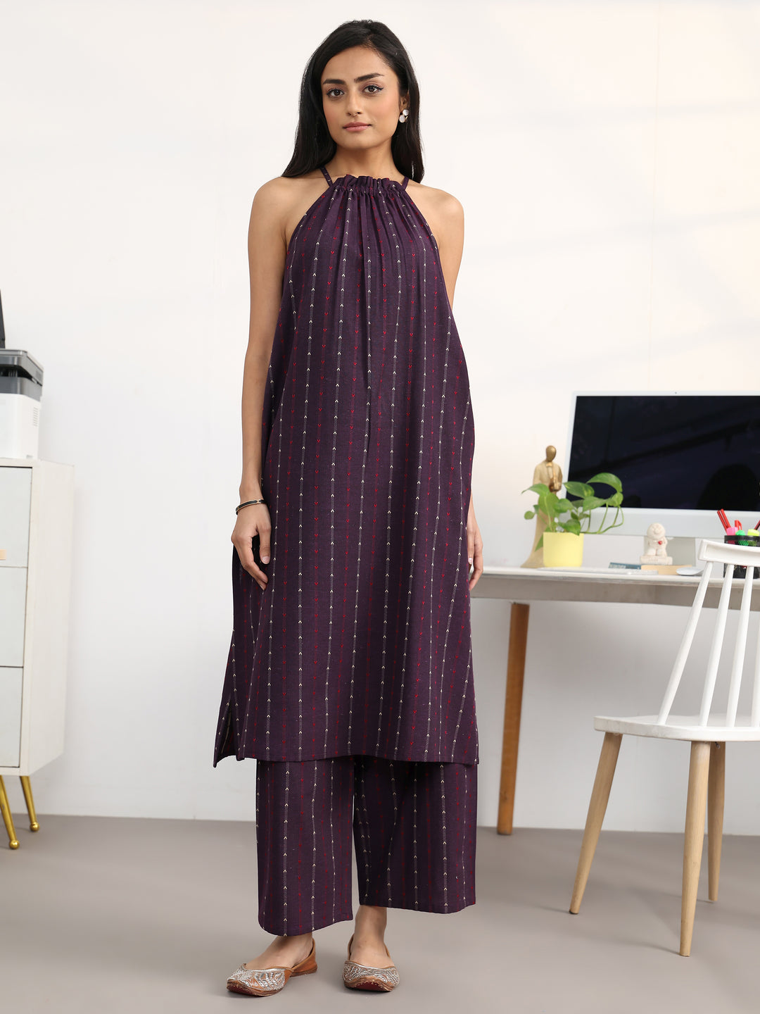 Burgundy Striped Woven Design Cotton Blend A-Line Kurta Set