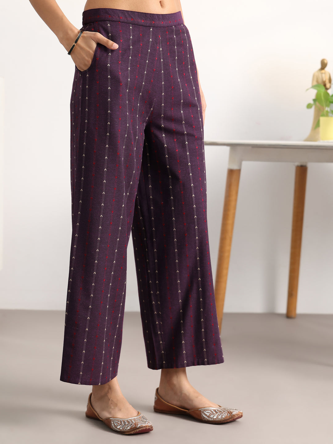 Burgundy Striped Woven Design Cotton Blend A-Line Kurta Set