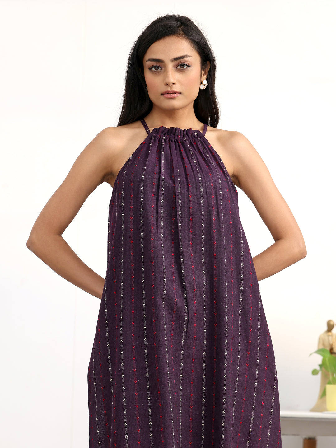 Burgundy Striped Woven Design Cotton Blend A-Line Kurta Set