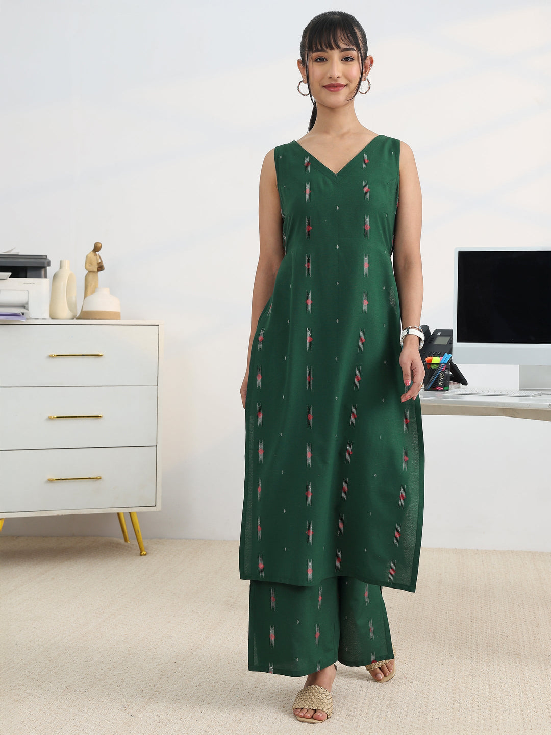 Prime Green Woven Design Cotton Blend Kurta Set