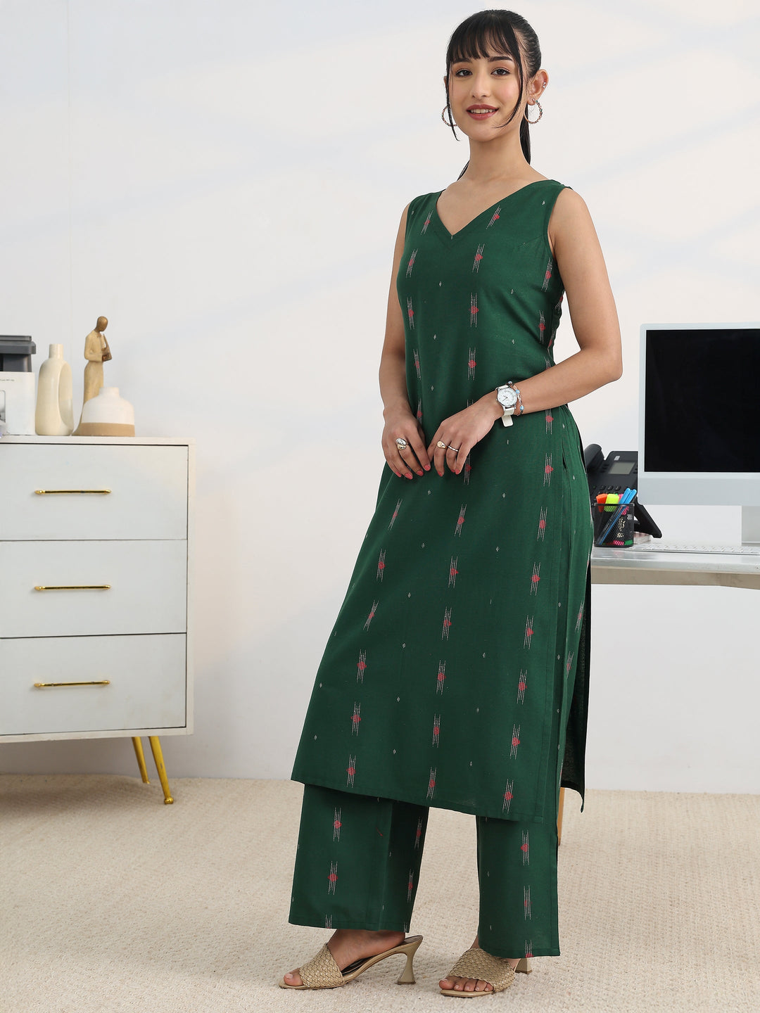 Prime Green Woven Design Cotton Blend Kurta Set
