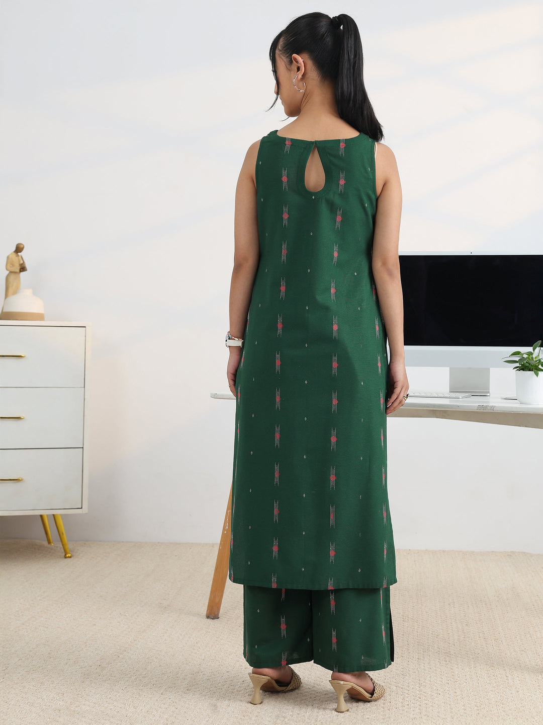 Prime Green Woven Design Cotton Blend Kurta Set
