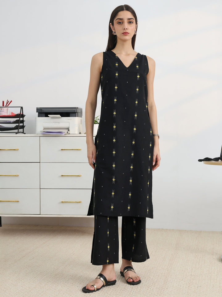 Black Woven Design Cotton Blend Straight Kurta Set