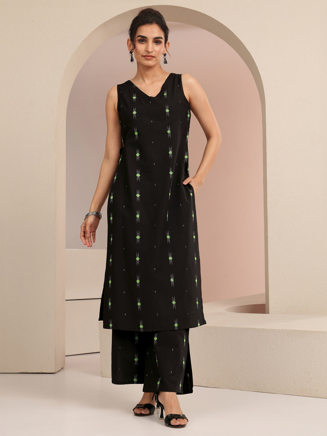 Black Woven Design Cotton Blend Straight Kurta Set