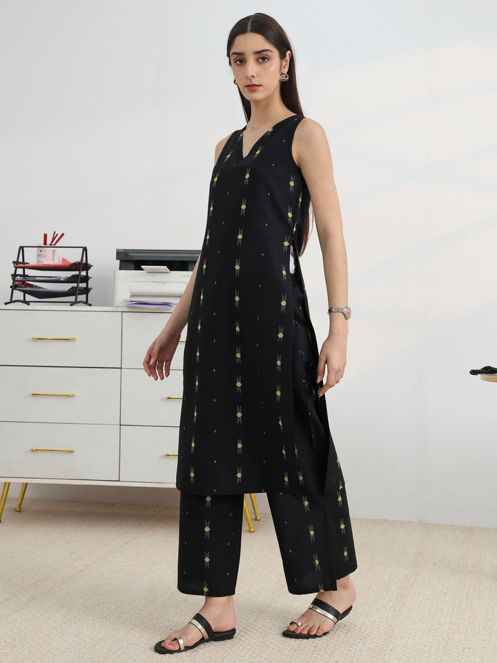 Black Woven Design Cotton Blend Straight Kurta Set