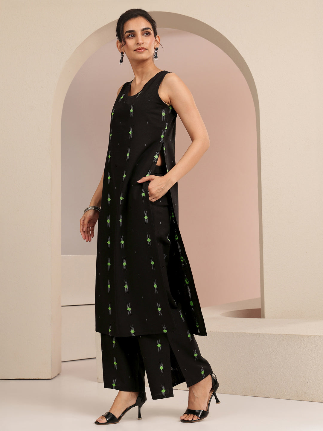 Black Woven Design Cotton Blend Straight Kurta Set
