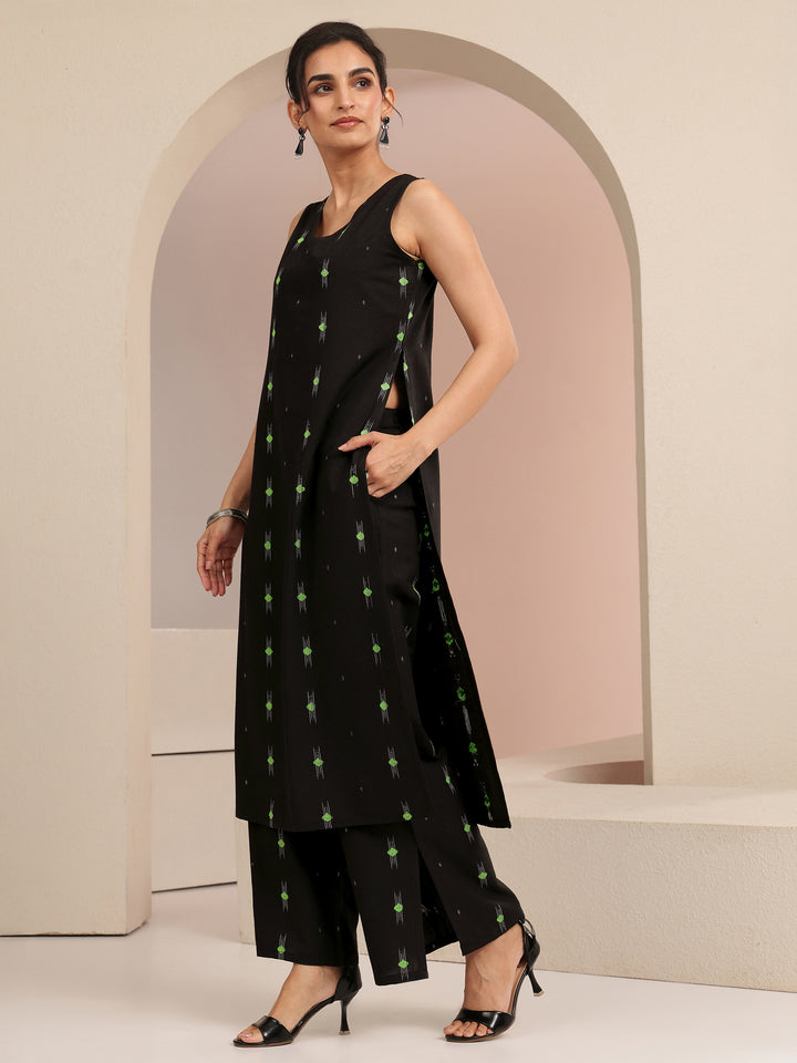 Black Woven Design Cotton Blend Straight Kurta Set