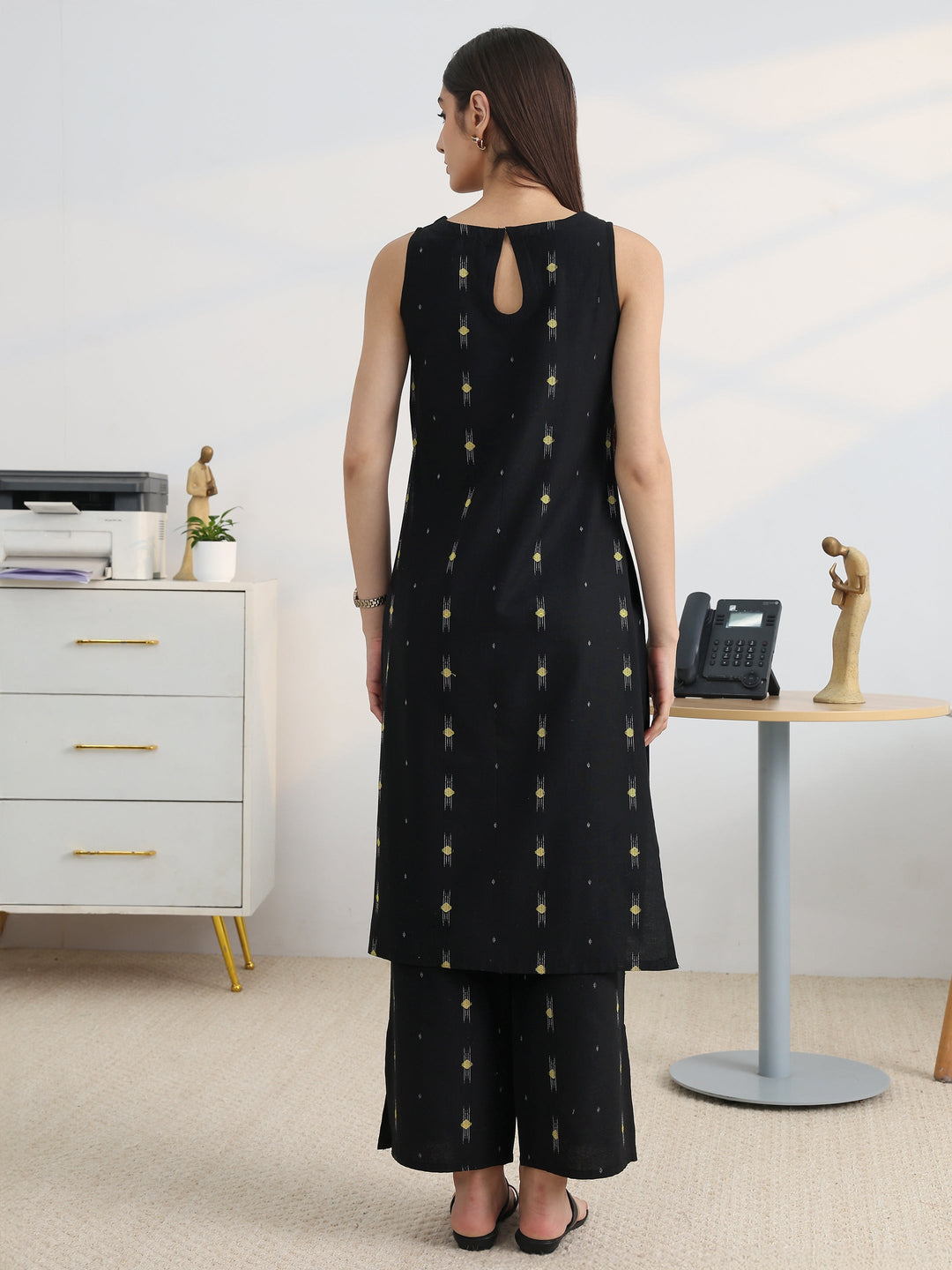 Black Woven Design Cotton Blend Straight Kurta Set