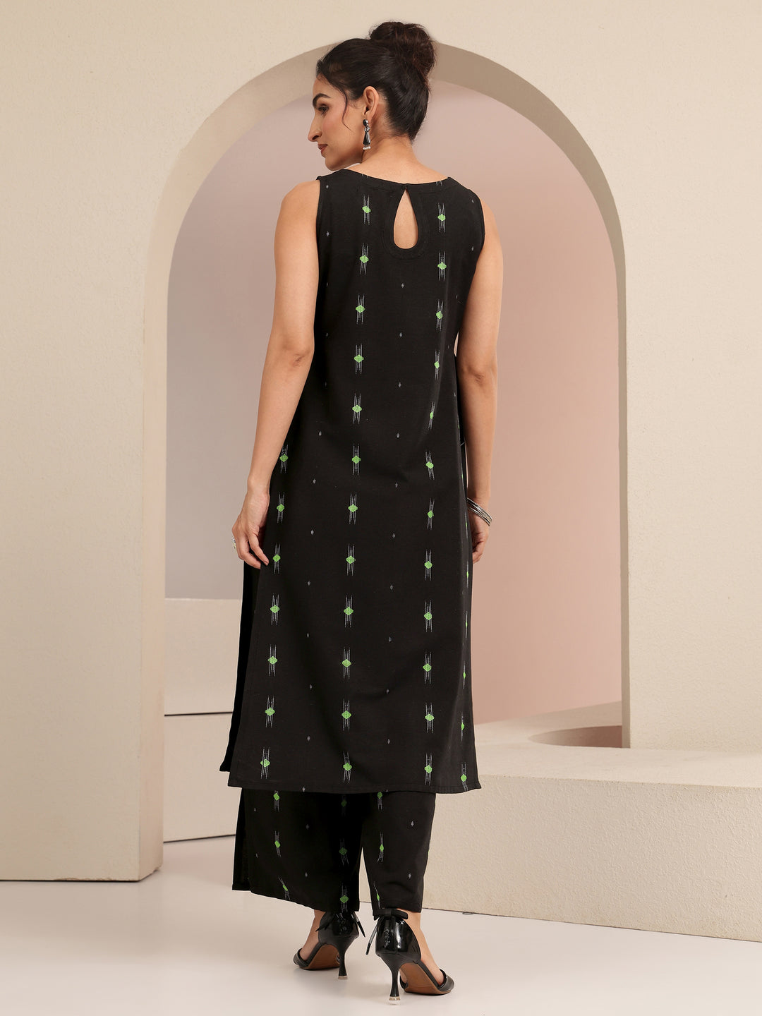 Black Woven Design Cotton Blend Straight Kurta Set