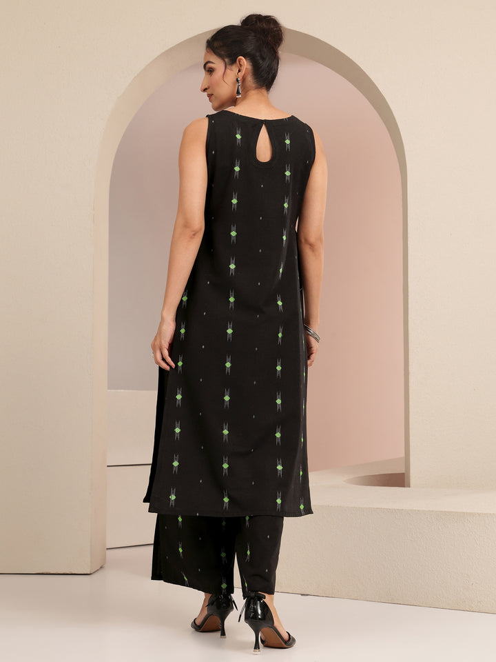 Black Woven Design Cotton Blend Straight Kurta Set
