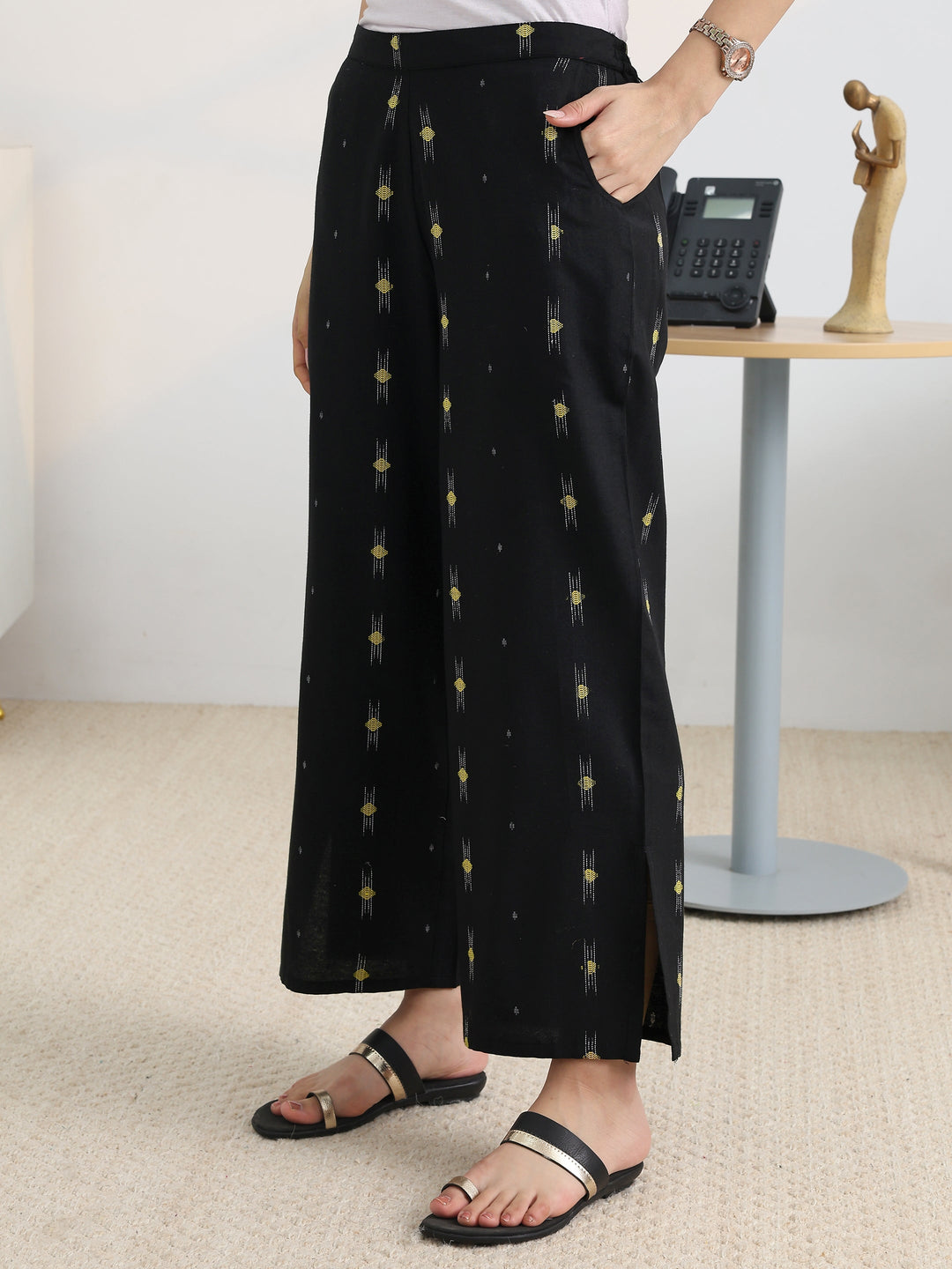 Black Woven Design Cotton Blend Straight Kurta Set