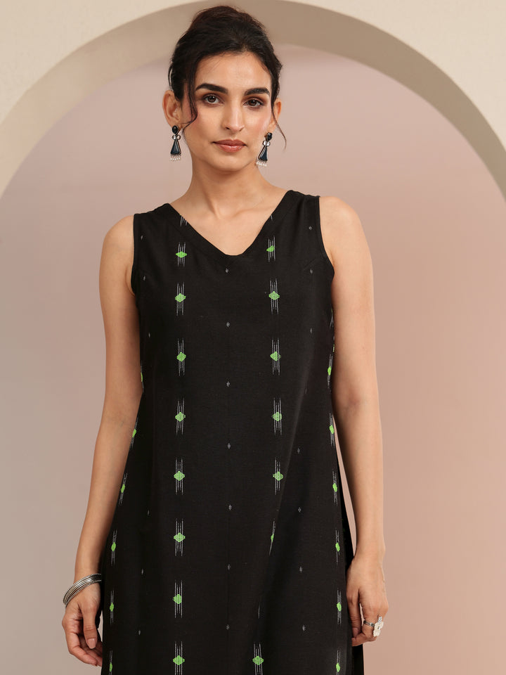 Black Woven Design Cotton Blend Straight Kurta Set
