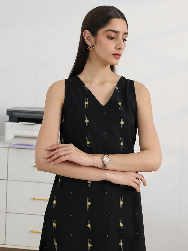 Black Woven Design Cotton Blend Straight Kurta Set