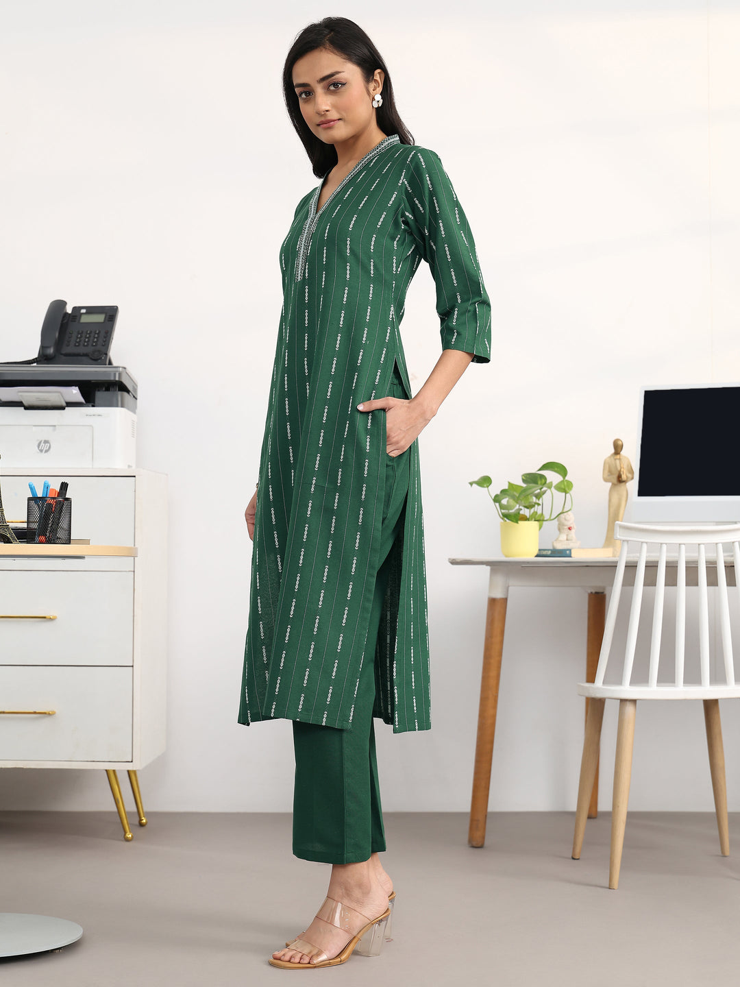 Green Striped Woven Design Cotton Blend Straight Suit Set With Dupatta