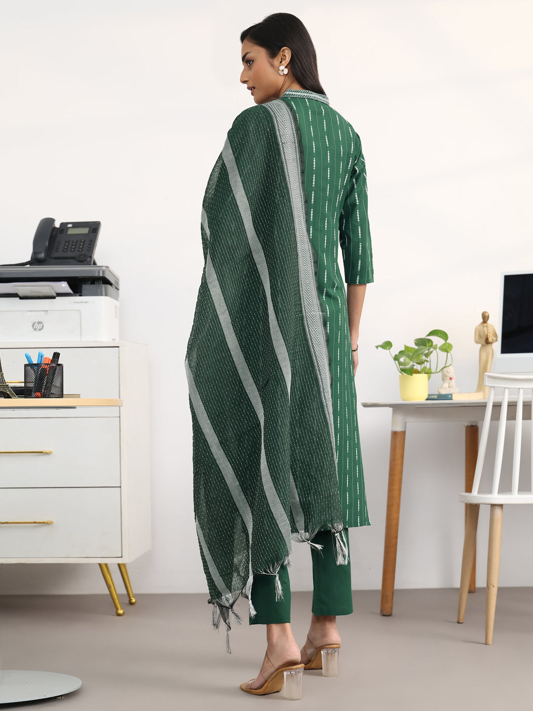 Green Striped Woven Design Cotton Blend Straight Suit Set With Dupatta