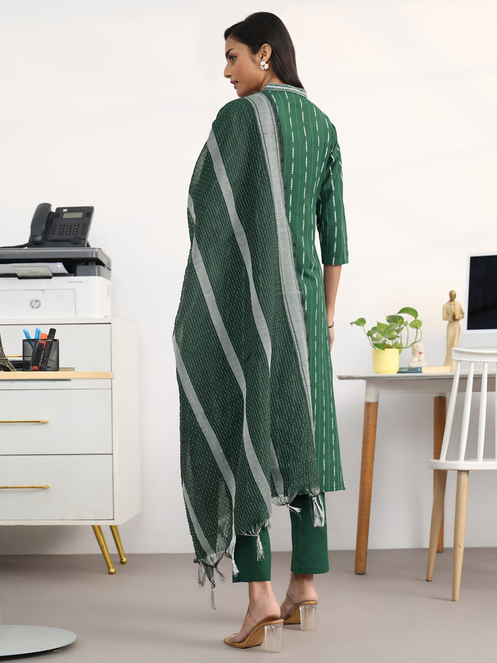 Green Striped Woven Design Cotton Blend Straight Suit Set With Dupatta