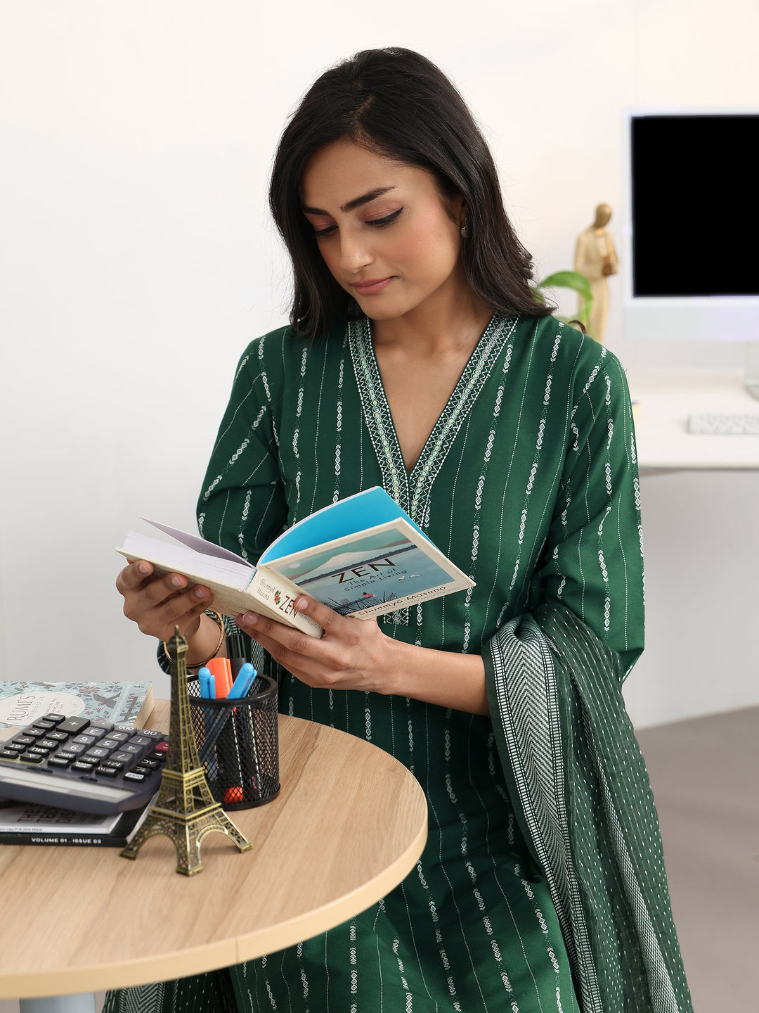 Green Striped Woven Design Cotton Blend Straight Suit Set With Dupatta