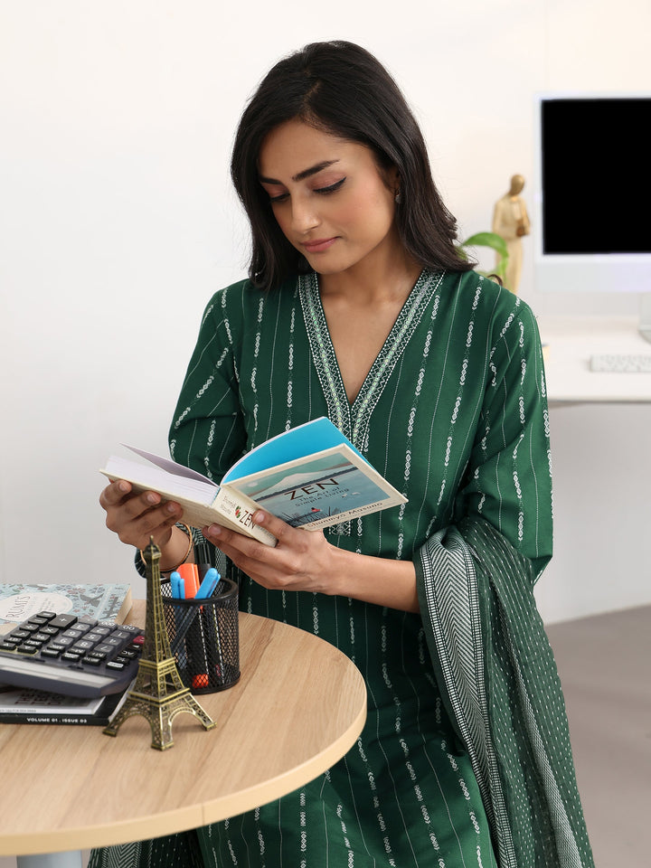 Green Striped Woven Design Cotton Blend Straight Suit Set With Dupatta