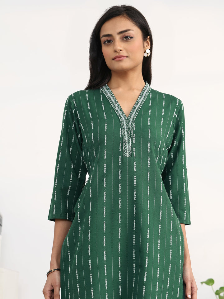 Green Striped Woven Design Cotton Blend Straight Suit Set With Dupatta