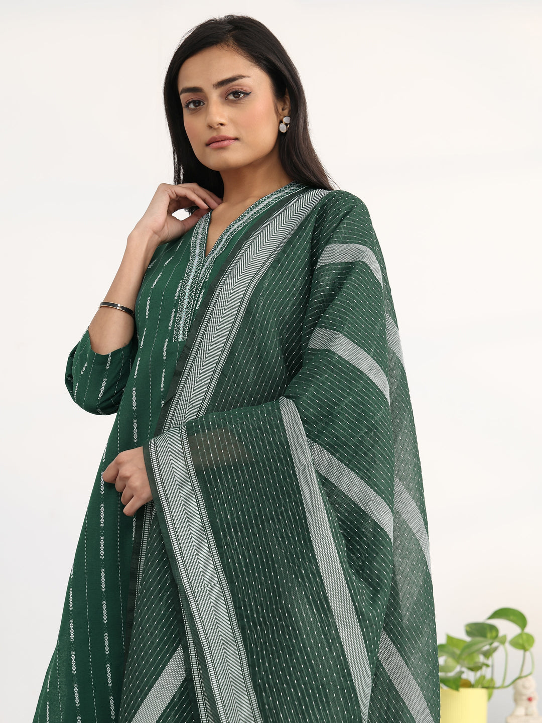 Green Striped Woven Design Cotton Blend Straight Suit Set With Dupatta