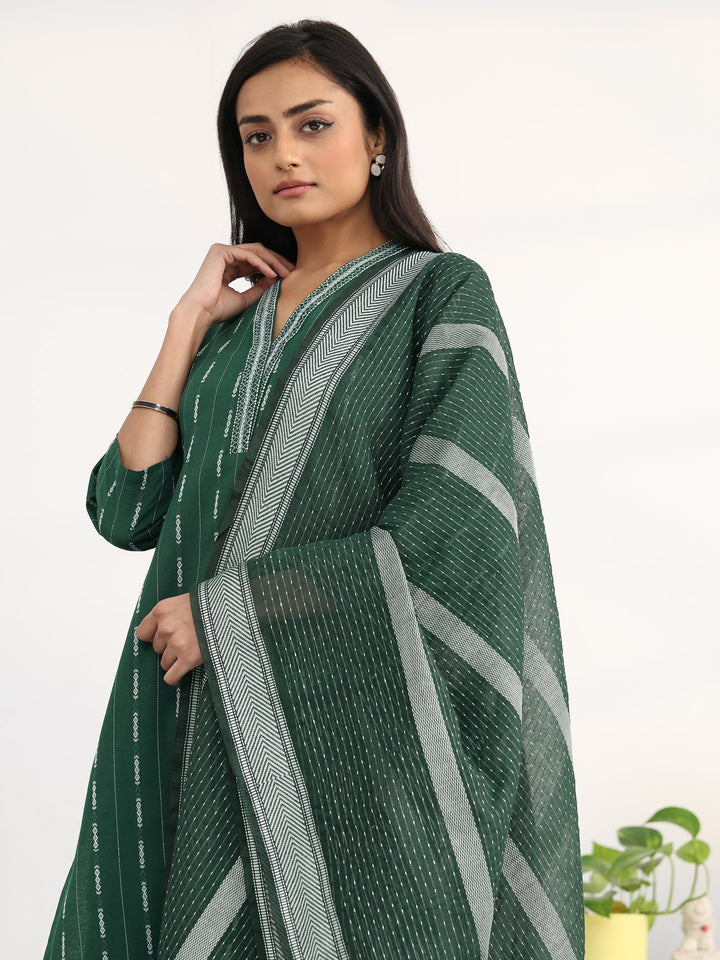 Green Striped Woven Design Cotton Blend Straight Suit Set With Dupatta