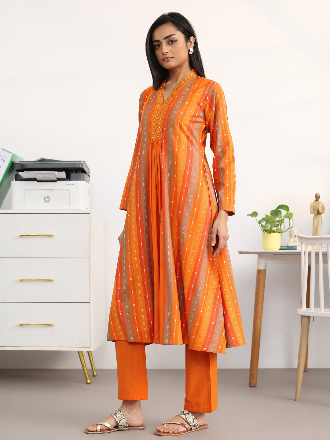Orange Striped Woven Design Cotton Blend A-Line Suit Set With Dupatta