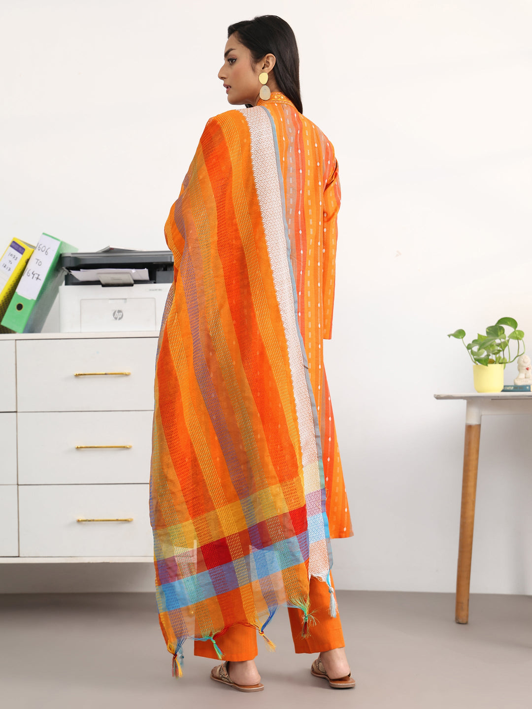 Orange Striped Woven Design Cotton Blend A-Line Suit Set With Dupatta