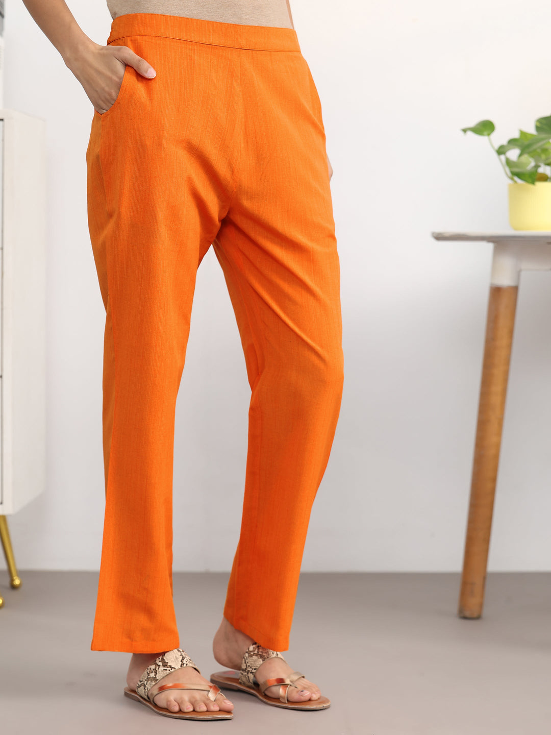 Orange Striped Woven Design Cotton Blend A-Line Suit Set With Dupatta