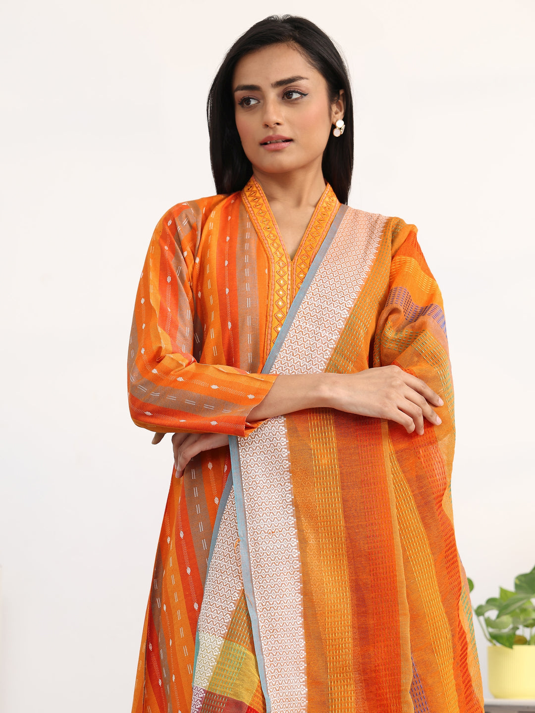 Orange Striped Woven Design Cotton Blend A-Line Suit Set With Dupatta