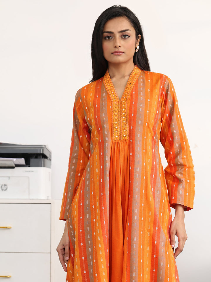 Orange Striped Woven Design Cotton Blend A-Line Suit Set With Dupatta