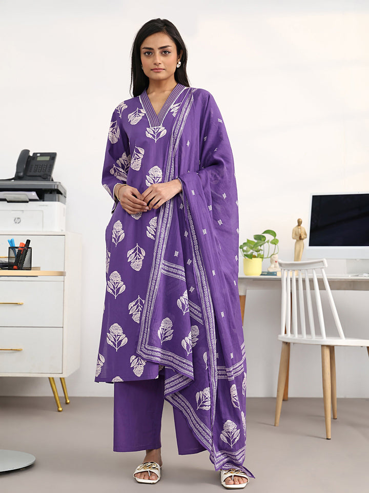 Purple Floral Printed Cotton Blend Straight Suit Set With Dupatta