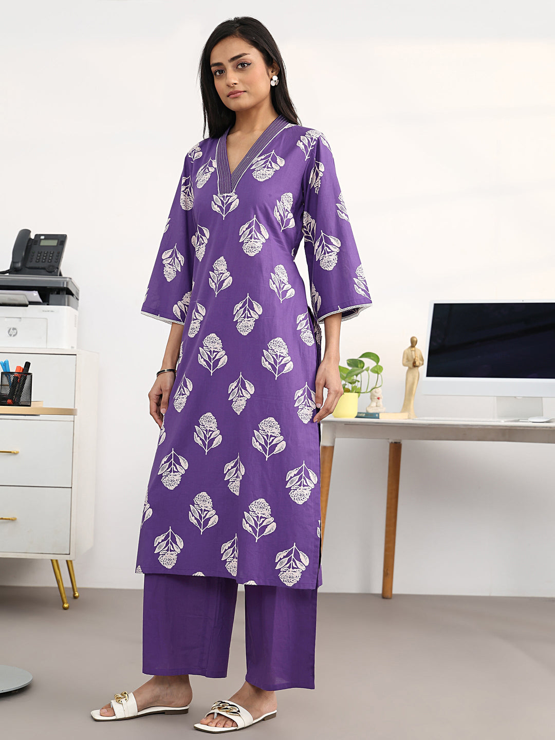 Purple Floral Printed Cotton Blend Straight Suit Set With Dupatta