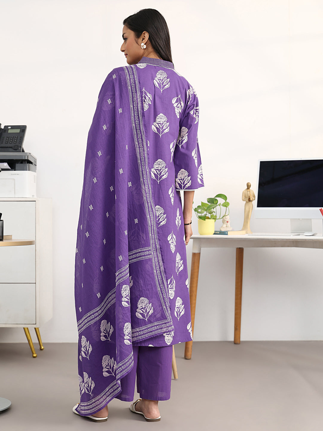Purple Floral Printed Cotton Blend Straight Suit Set With Dupatta