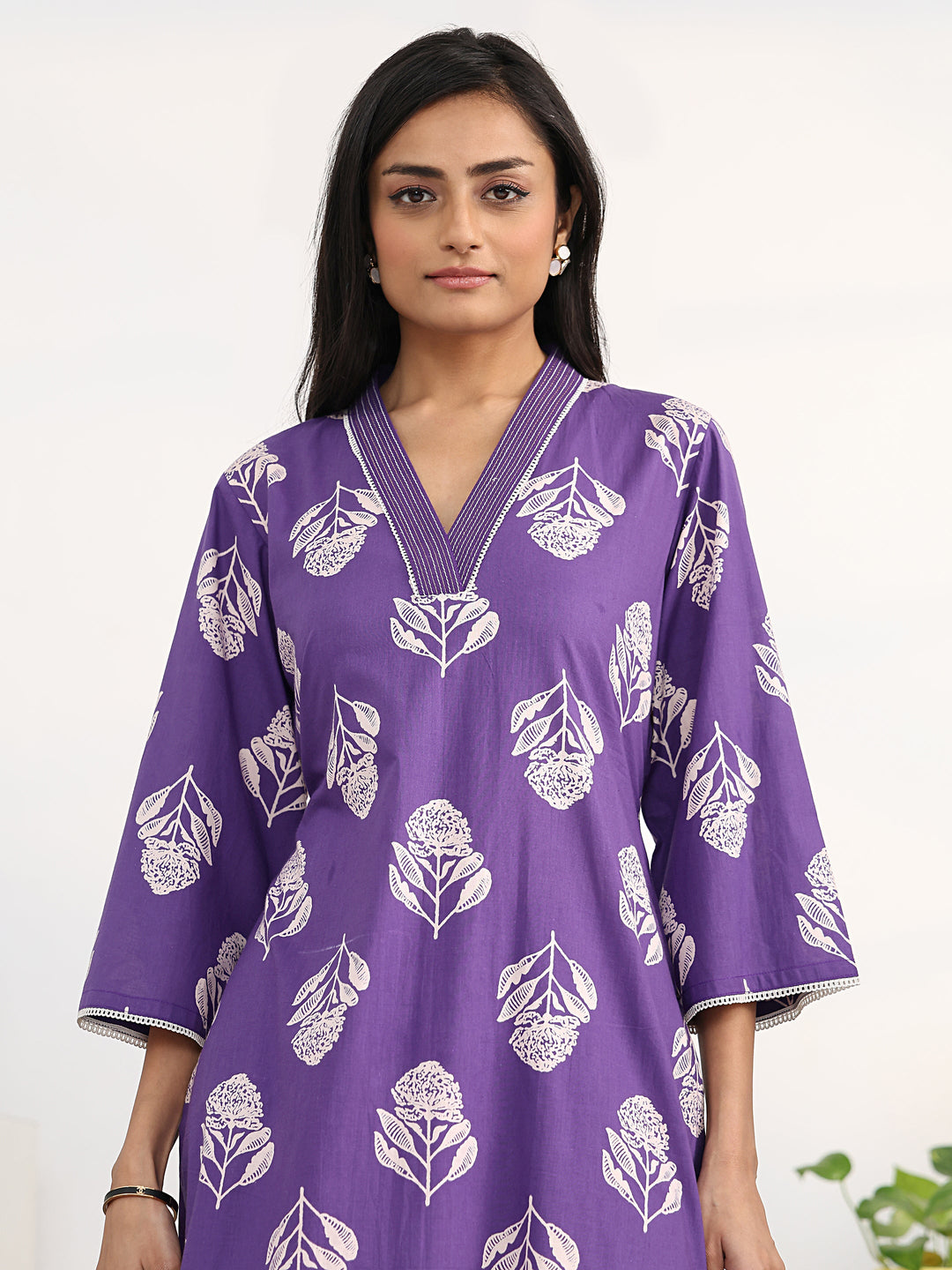 Purple Floral Printed Cotton Blend Straight Suit Set With Dupatta